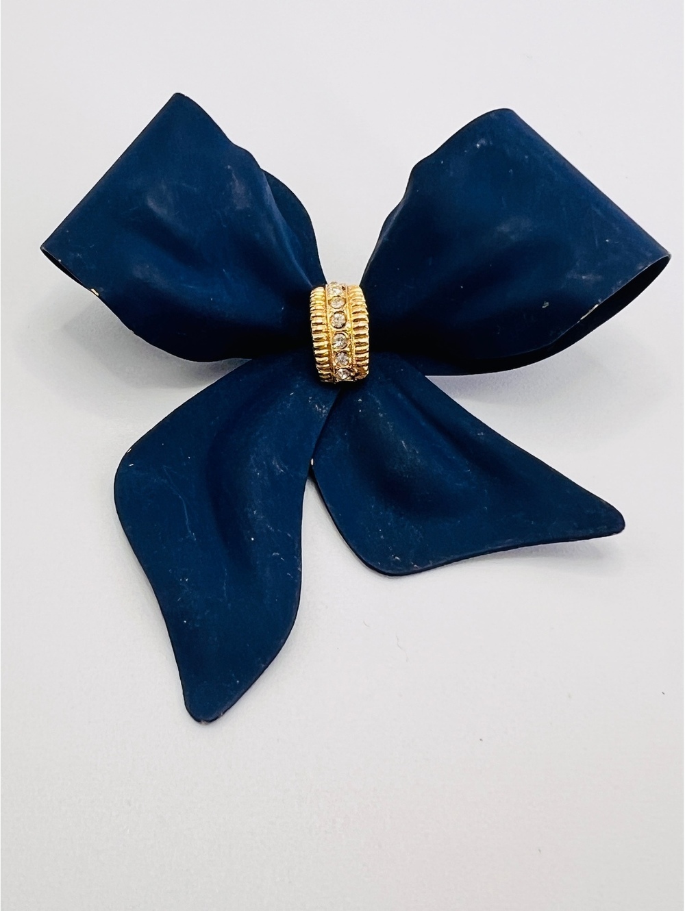 Vintage Large Navy Blue Bow Brooch Rhinestone Gold Tone Statement Pin